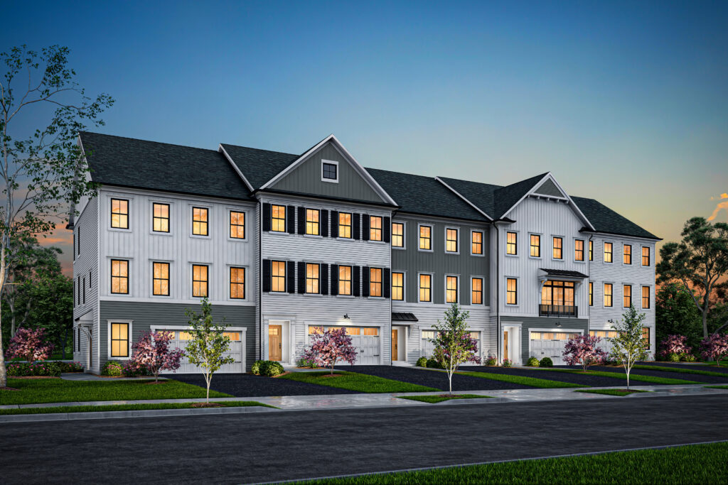 New construction townhomes at dusk in a Kennett Square, PA neighborhood
