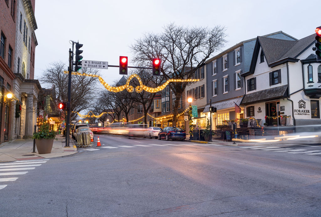 Holiday lights over the intersection of North and South Broad Street in downtown Kennett Square, PA