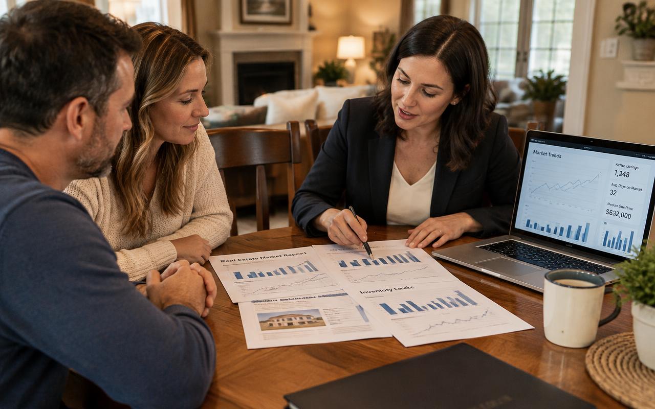 Real estate agent reviewing Kennett Square market reports with clients