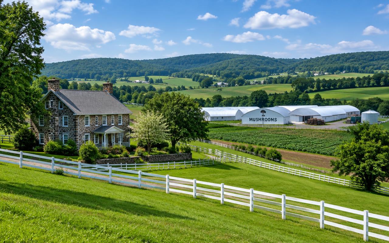 Chester County farmland and stone farmhouse outside Kennett Square