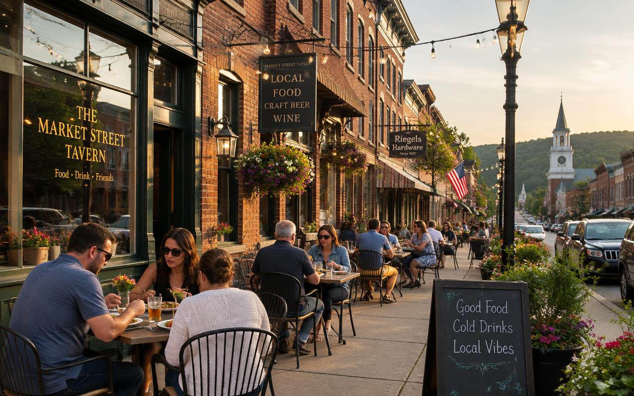 Sidewalk dining tables along a historic main street near Kennett Square