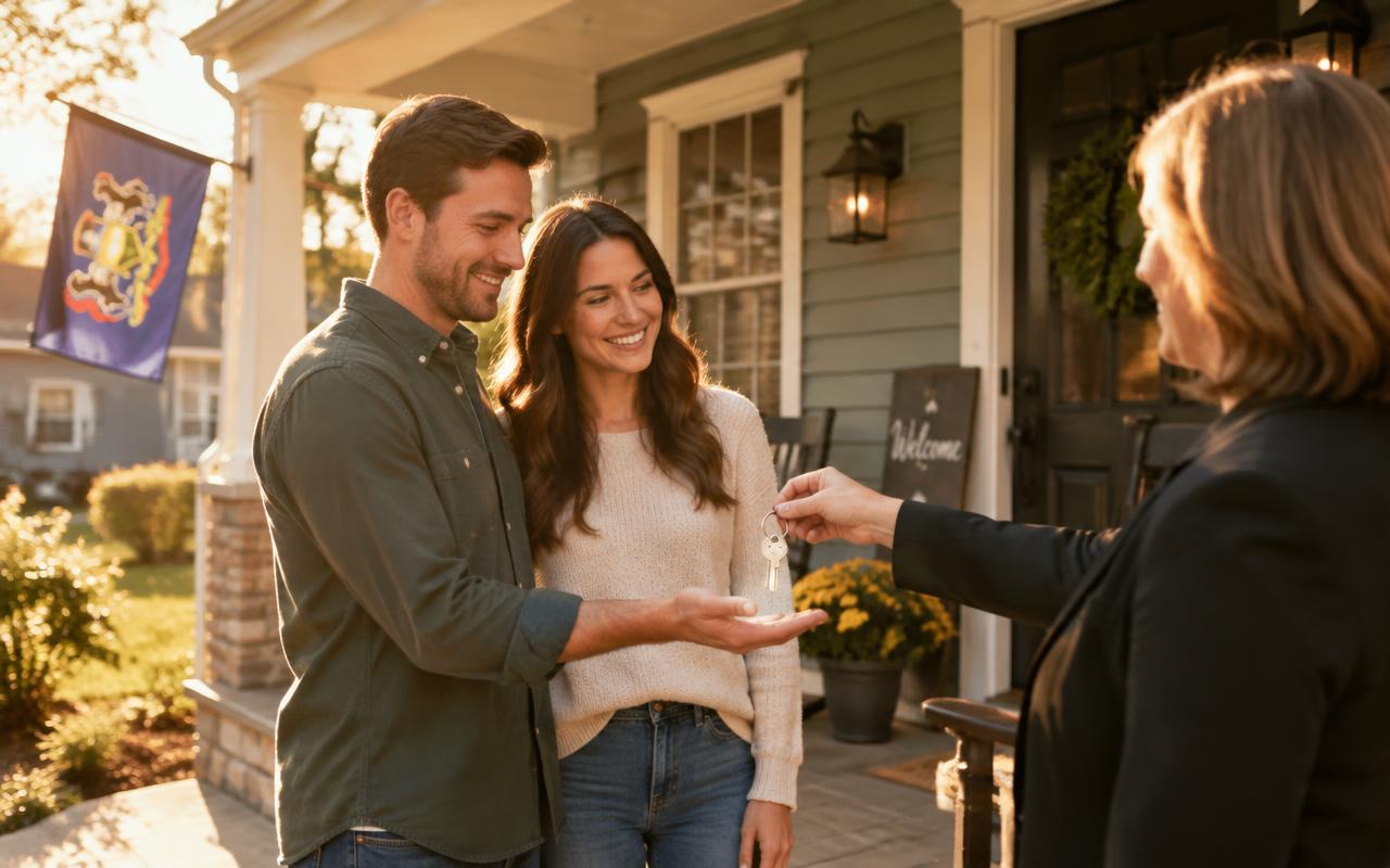 Buyers receiving keys on the front porch of a Kennett Square home