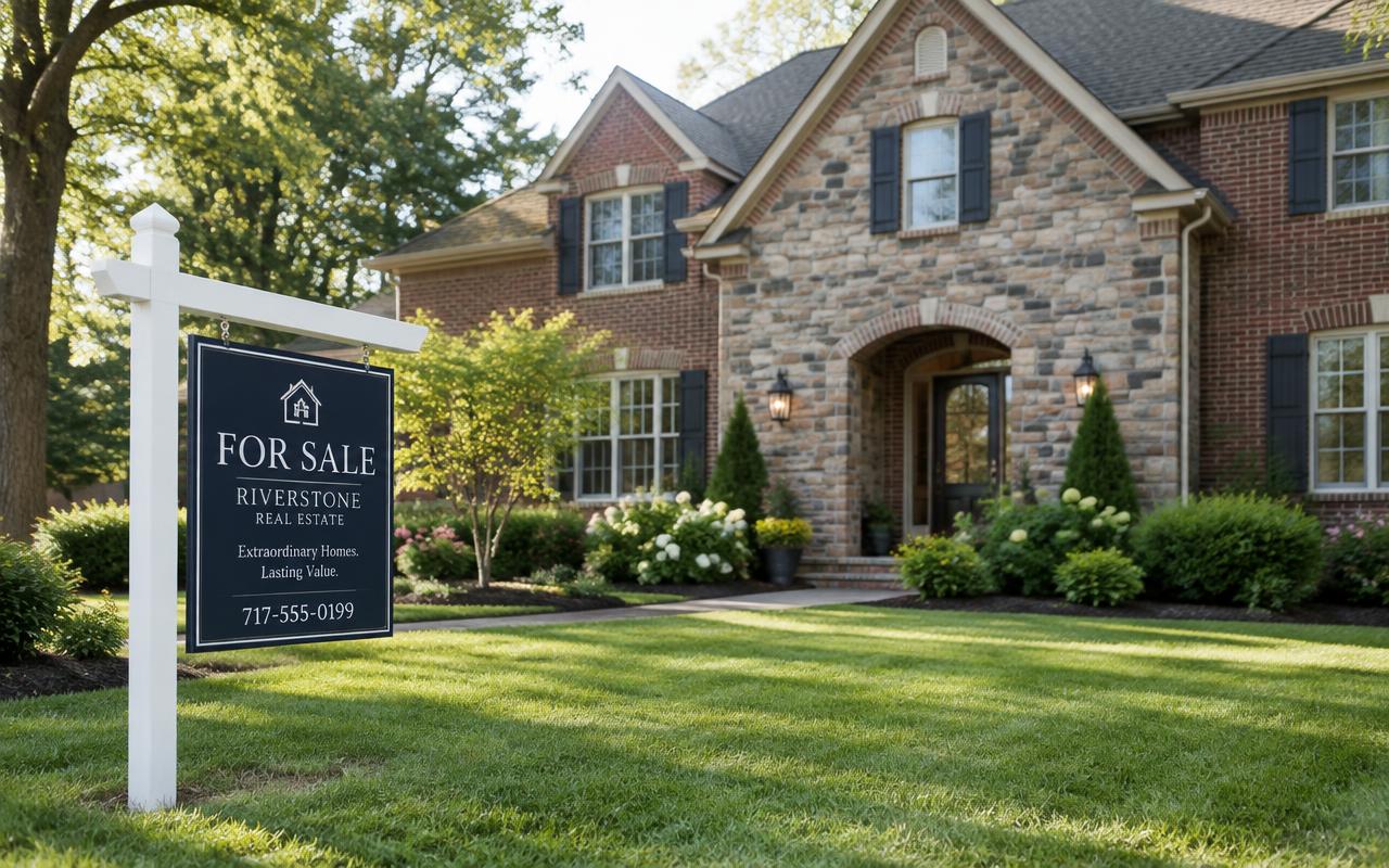 For sale sign in front of a stone and brick home near Kennett Square, PA