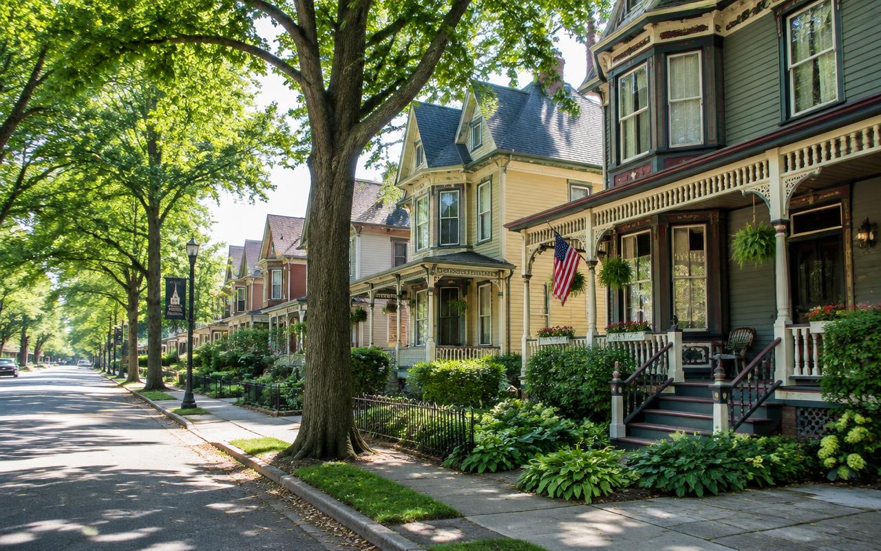 Tree lined street of historic Victorian homes in Kennett Square Borough