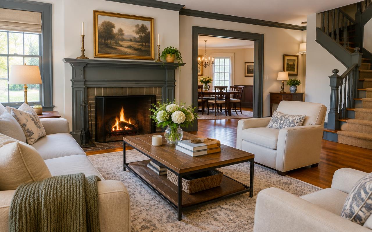 Staged living room with fireplace in a historic Kennett Square home